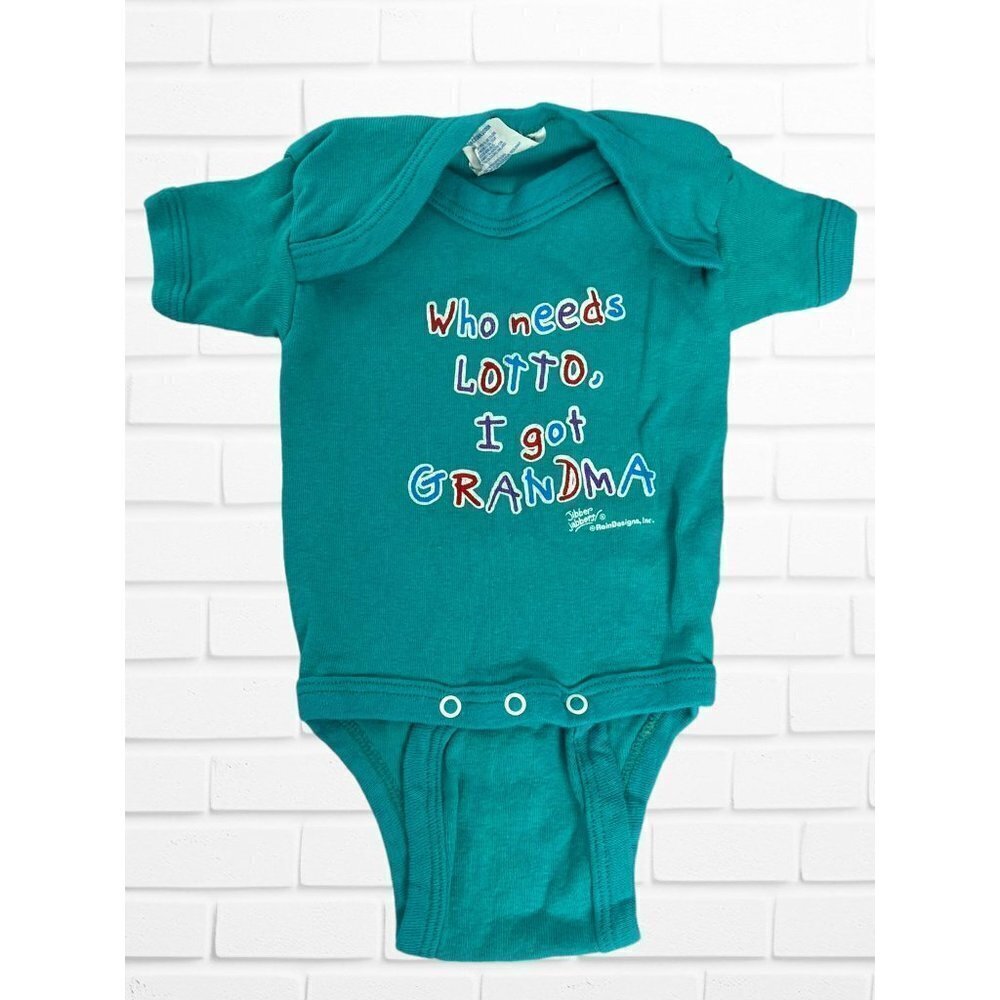 5/$25 Vtg Spencer's One Piece Baby 3-6M Who Needs Lotto I Got Grandma Blue Teal